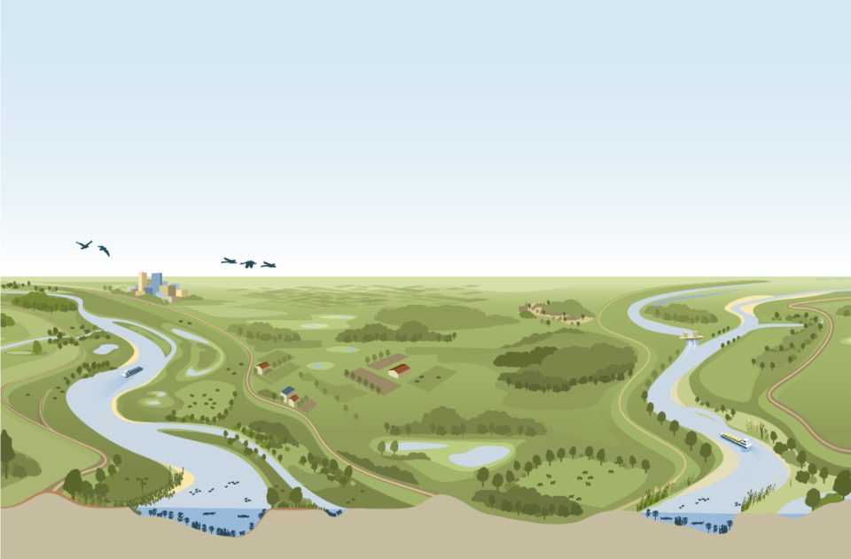 Een schets van het Rivierengebied in het streefbeeld, gezien vanuit de lucht. Langs de rivieren liggen ruime, groene uiterwwaarden en ook binnendijks is er natuur. Er liggen ook dorpen en steden en is er beroepsscheepvaart op de rivieren.