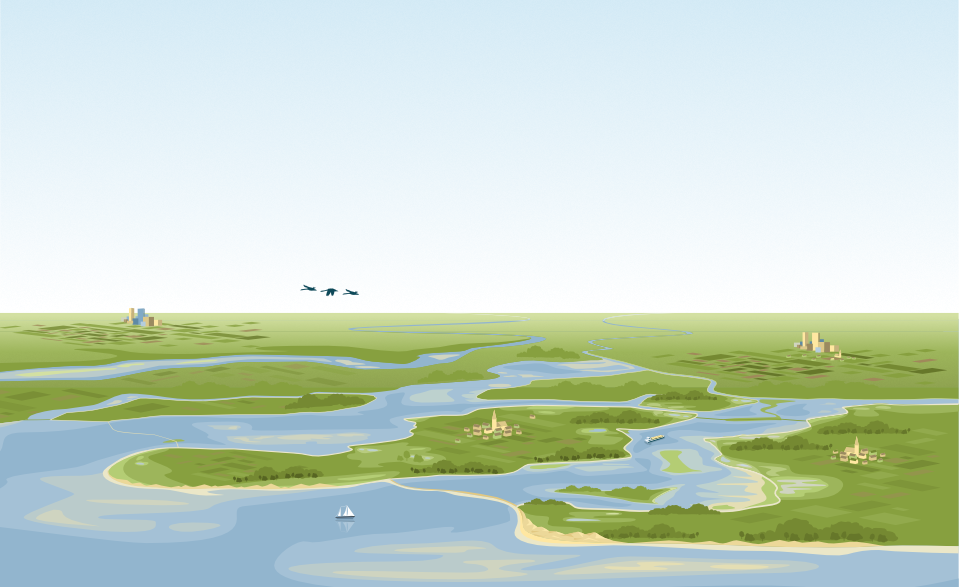 Een schets van de Rijn-, Maas- en Scheldemonding, gezien vanuit de lucht: de Zeeuwse en Zuid-Hollandse deltawateren met dammen en keringen, rivieren die hier uitmonden en ondiepe kustzone. Er liggen dorpen en steden in het gebied en er is beroeps- en recreatievaart.